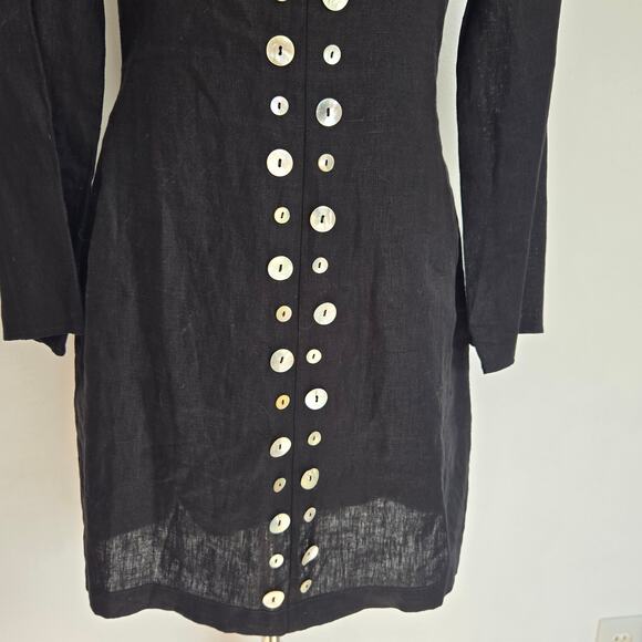 Staud Chiara Dress Linen Black Mother Of Pearl Buttonw Long Sleeve Women 6 - Picture 8 of 13